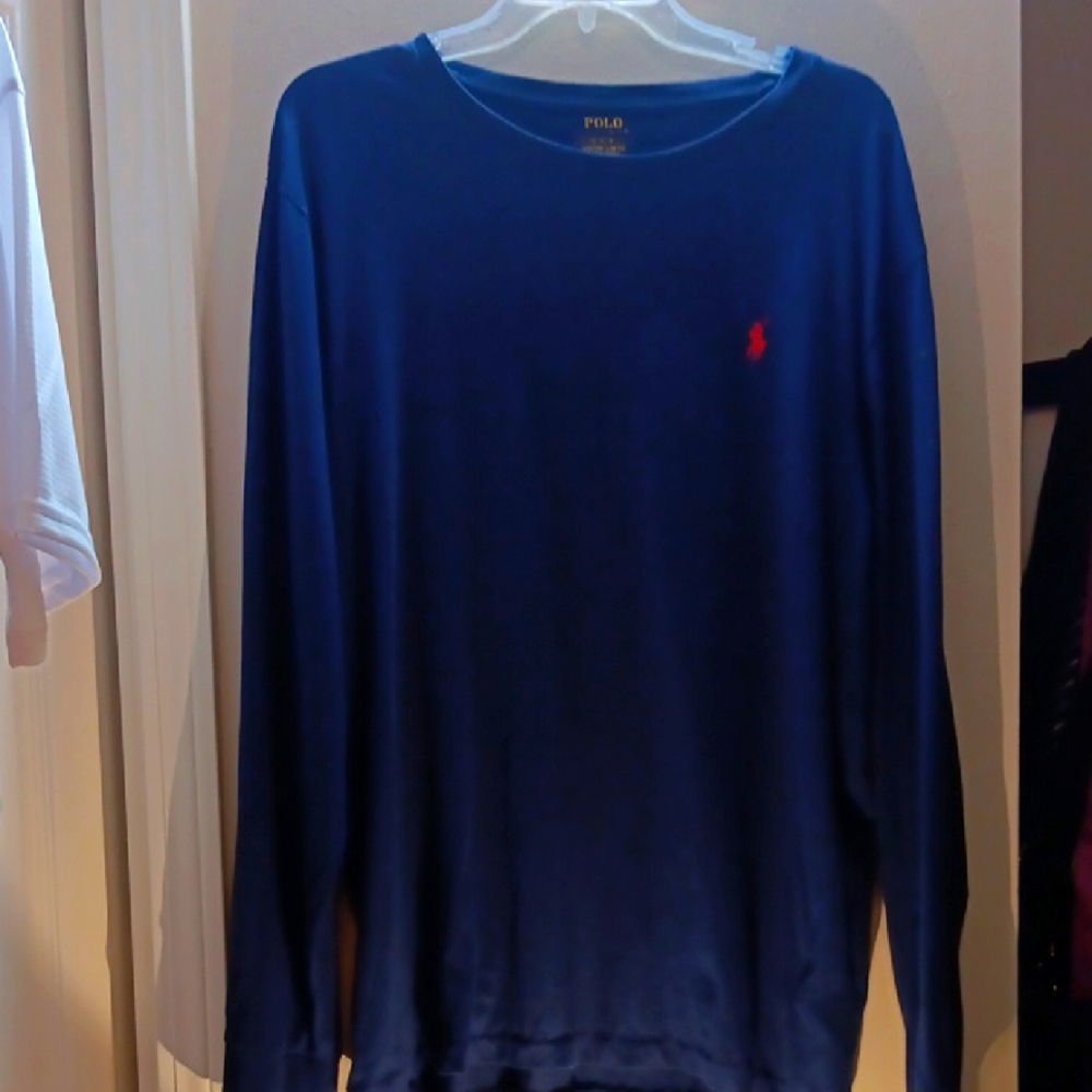 Polo Ralph Lauren Mens XL Custom Slim Fit Long Sleeve T-Shirt Navy Blue Red Pony